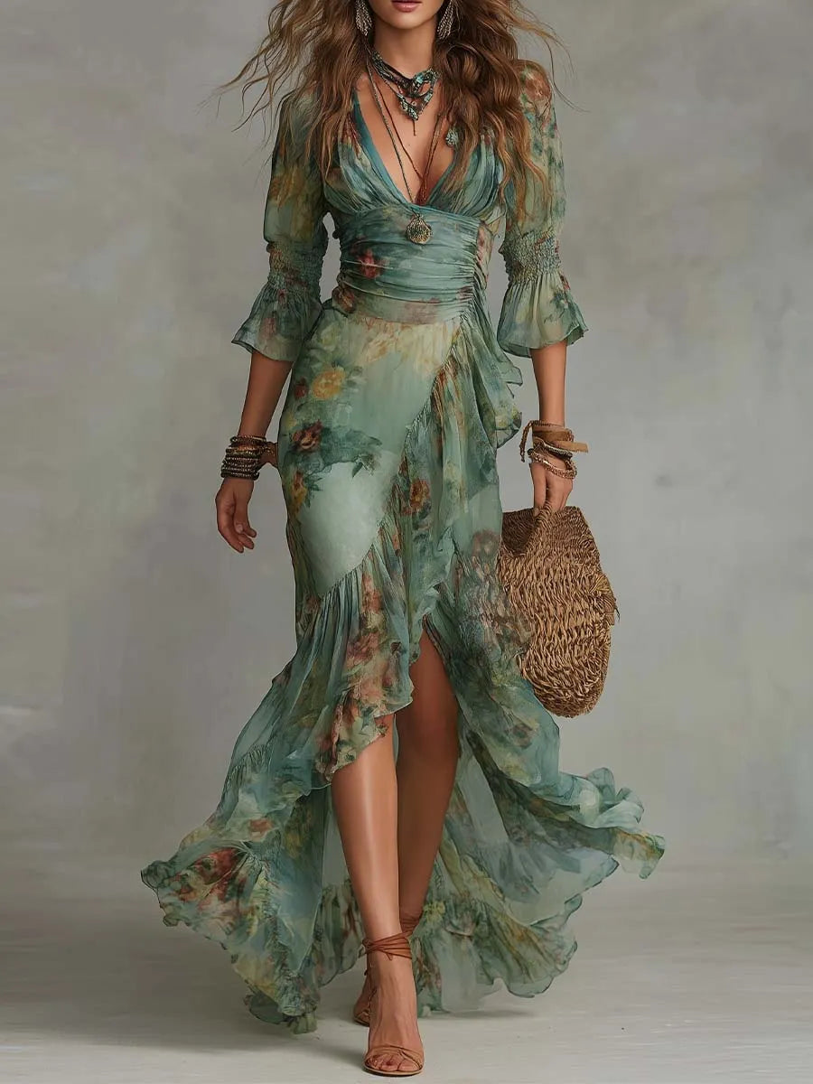 Women's Boho Floral Maxi Wedding Guest Dress with Ruffle
