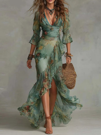 Women's Boho Floral Maxi Wedding Guest Dress with Ruffle