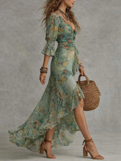 Women's Boho Floral Maxi Wedding Guest Dress with Ruffle