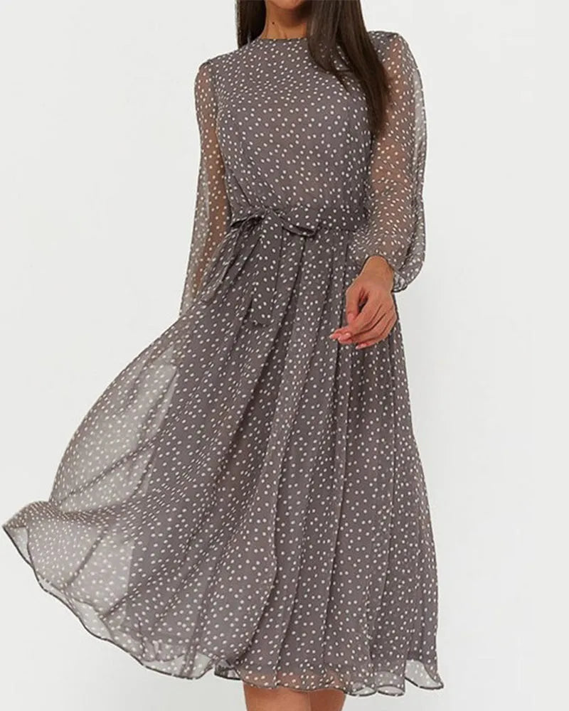 Women's Casual A-Line Midi Wedding Guest Dress with Long Sleeve