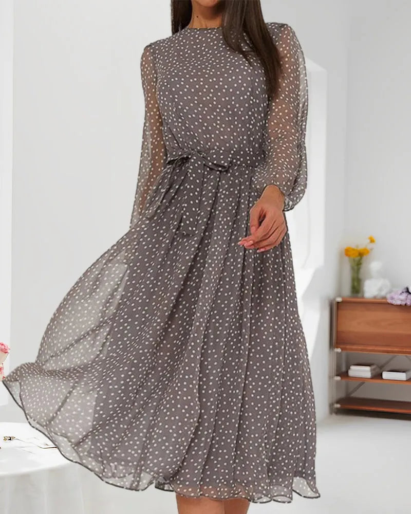 Women's Casual A-Line Midi Wedding Guest Dress with Long Sleeve