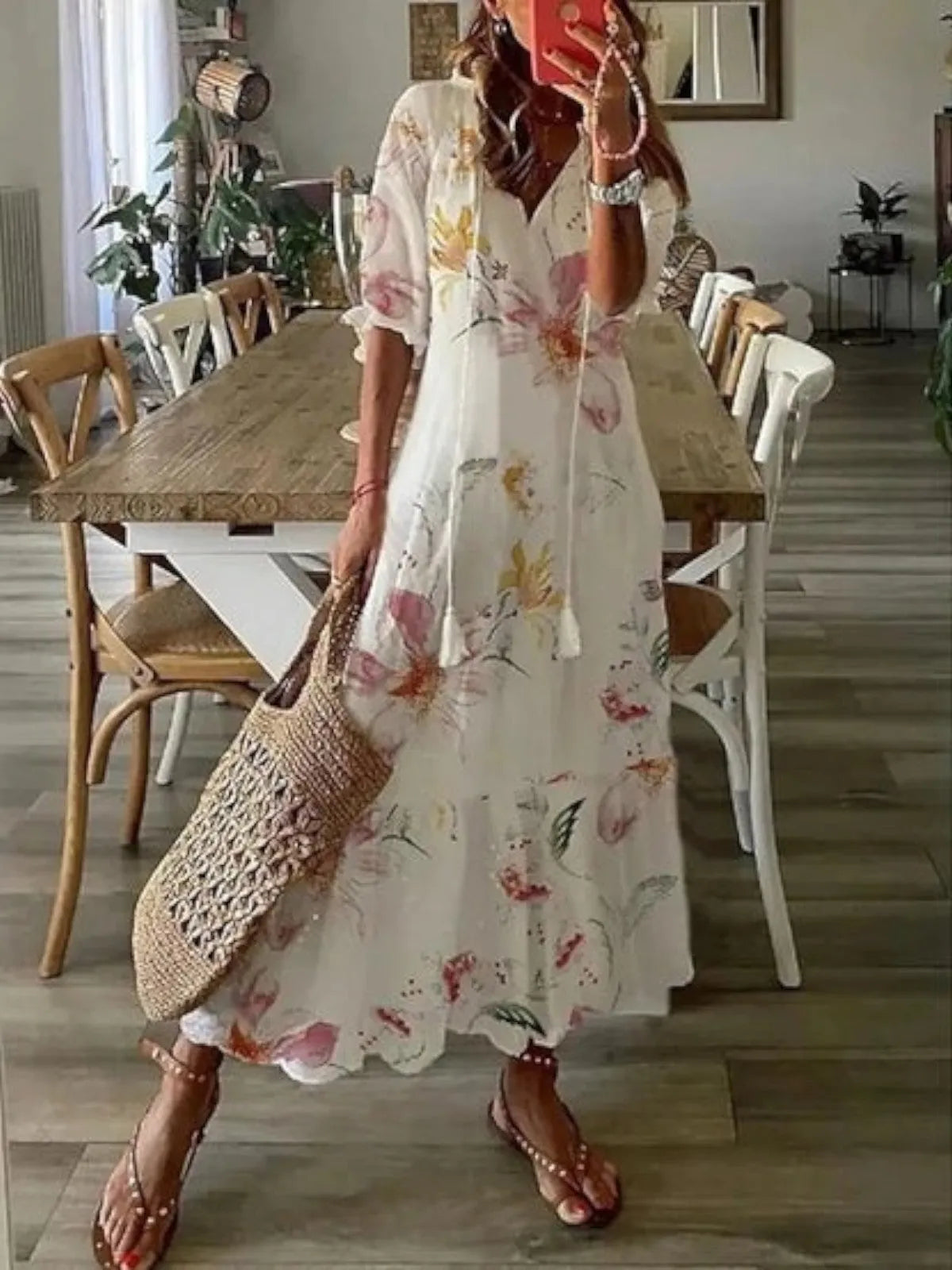 Women's Casual Boho Maxi Wedding Guest Dress with Short Sleeve