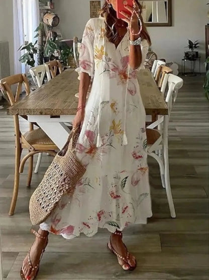 Women's Casual Boho Maxi Wedding Guest Dress with Short Sleeve