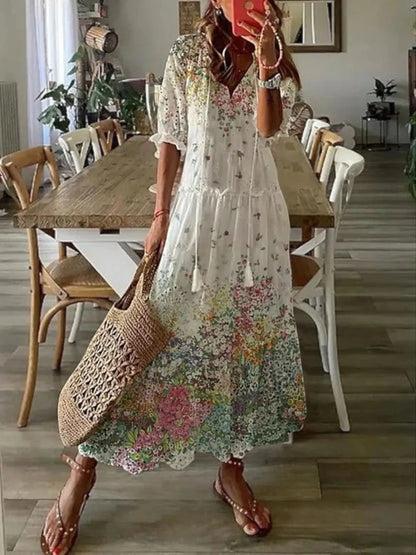 Women's Casual Boho Maxi Wedding Guest Dress with Short Sleeve