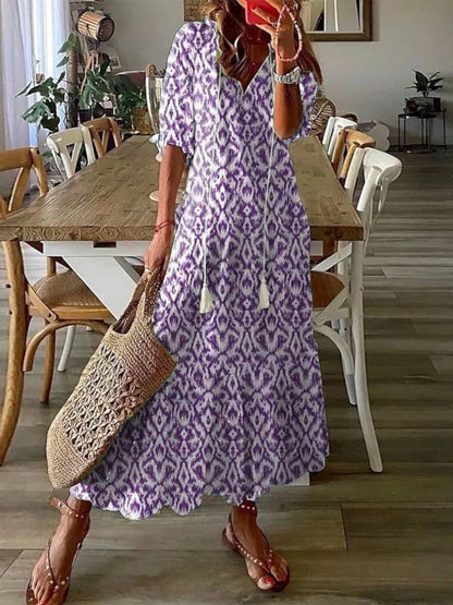 Women's Casual Boho Maxi Wedding Guest Dress with Short Sleeve