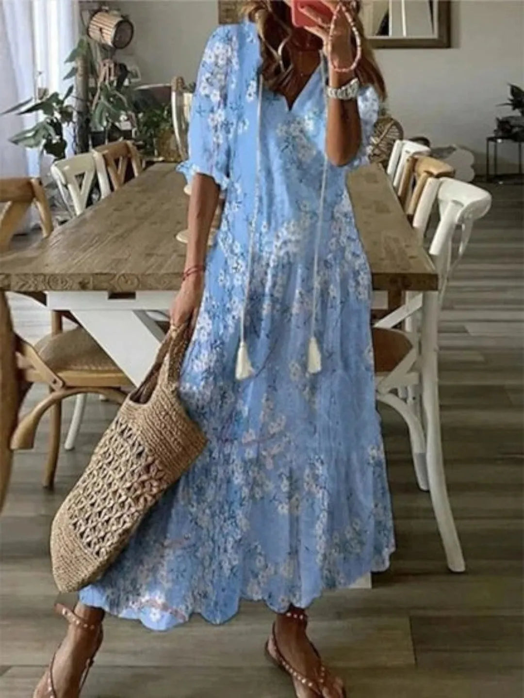 Women's Casual Boho Maxi Wedding Guest Dress with Short Sleeve