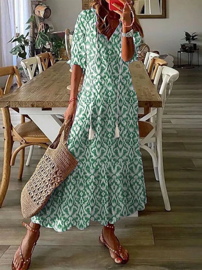 Women's Casual Boho Maxi Wedding Guest Dress with Short Sleeve
