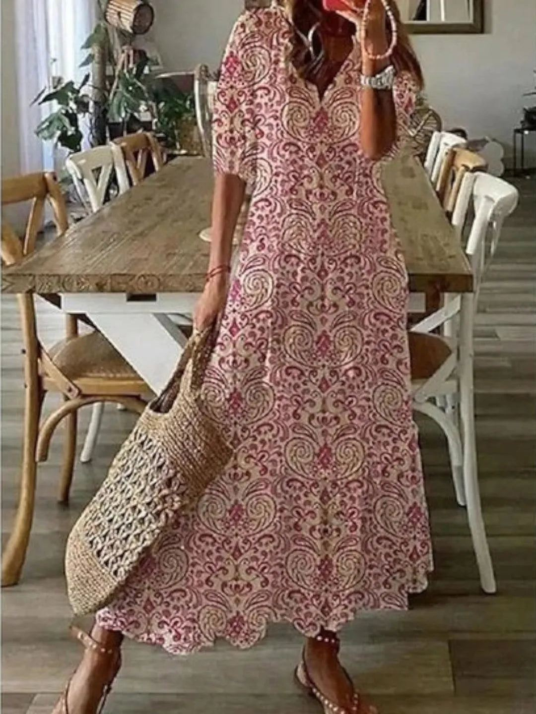 Women's Casual Boho Maxi Wedding Guest Dress with Short Sleeve