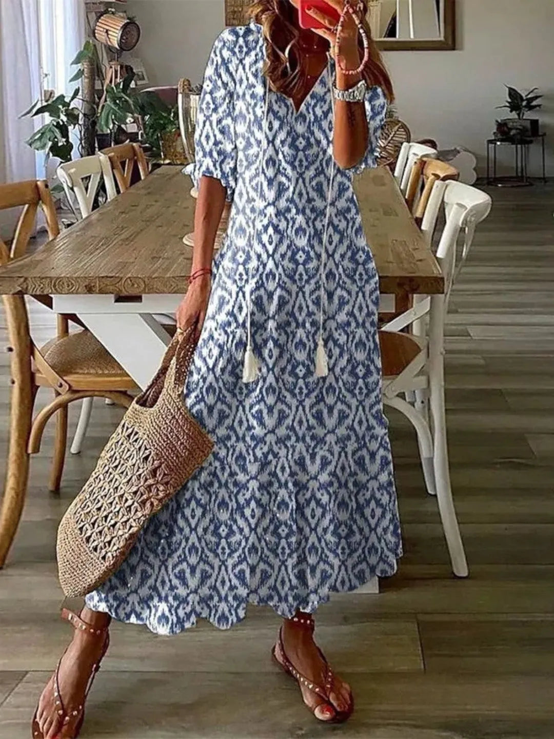 Women's Casual Boho Maxi Wedding Guest Dress with Short Sleeve