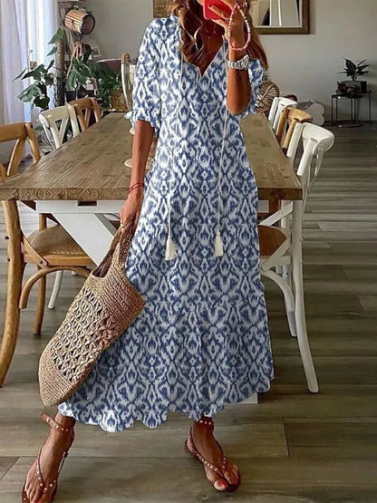 Women's Casual Boho Maxi Wedding Guest Dress with Short Sleeve