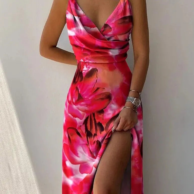 Women's Casual Flowy Midi Wedding Guest Dress with V-Neck