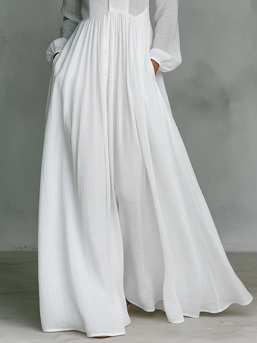 Women's Collared Flowy Maxi Wedding Guest Dress with Long Sleeve