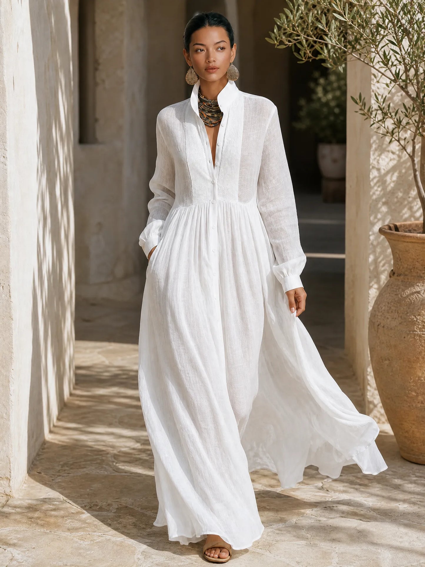 Women's Collared Flowy Maxi Wedding Guest Dress with Long Sleeve