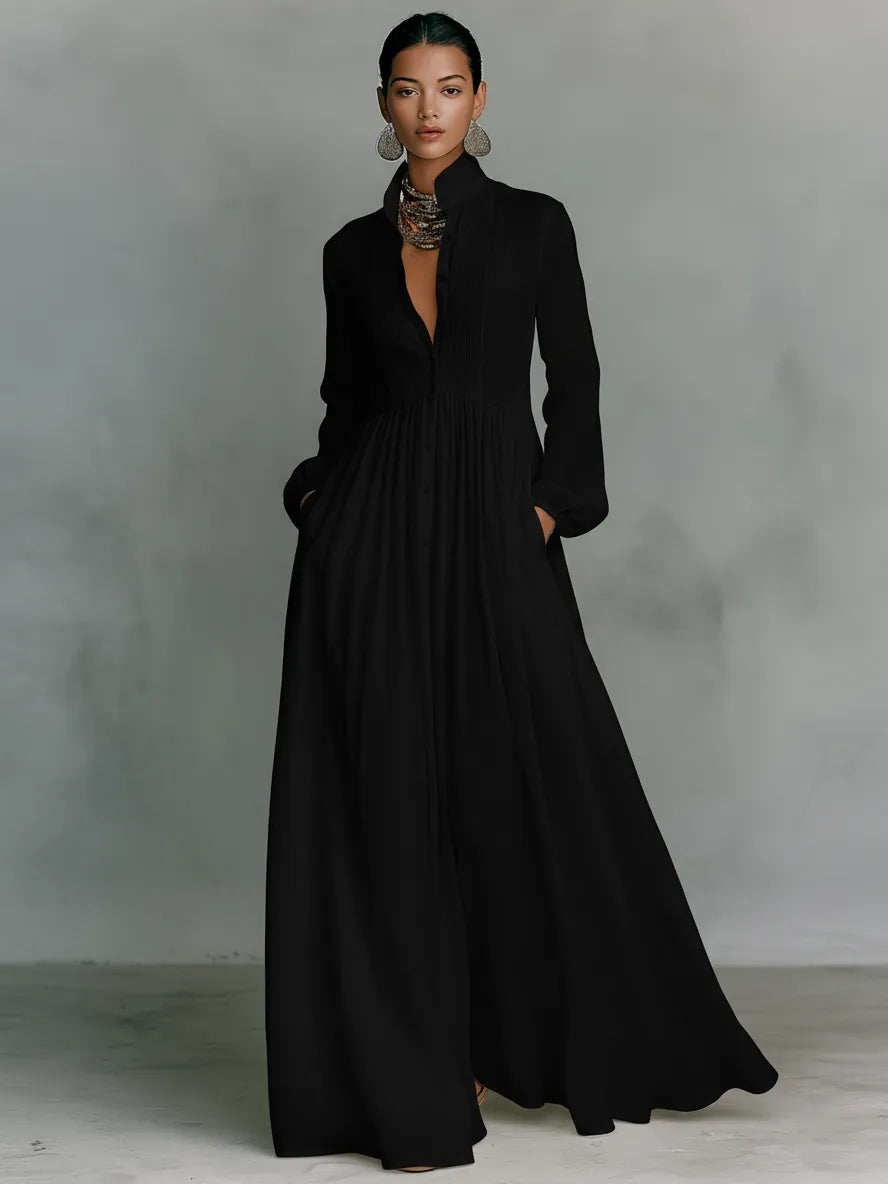 Women's Collared Flowy Maxi Wedding Guest Dress with Long Sleeve