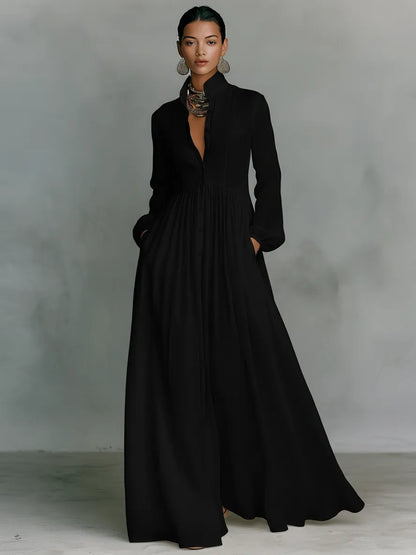 Women's Collared Flowy Maxi Wedding Guest Dress with Long Sleeve