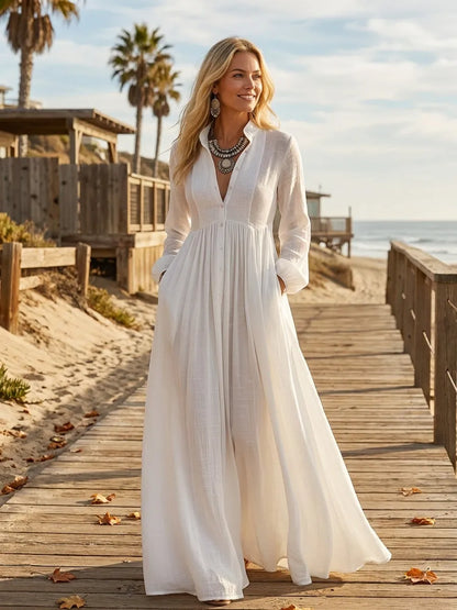 Women's Collared Flowy Maxi Wedding Guest Dress with Long Sleeve