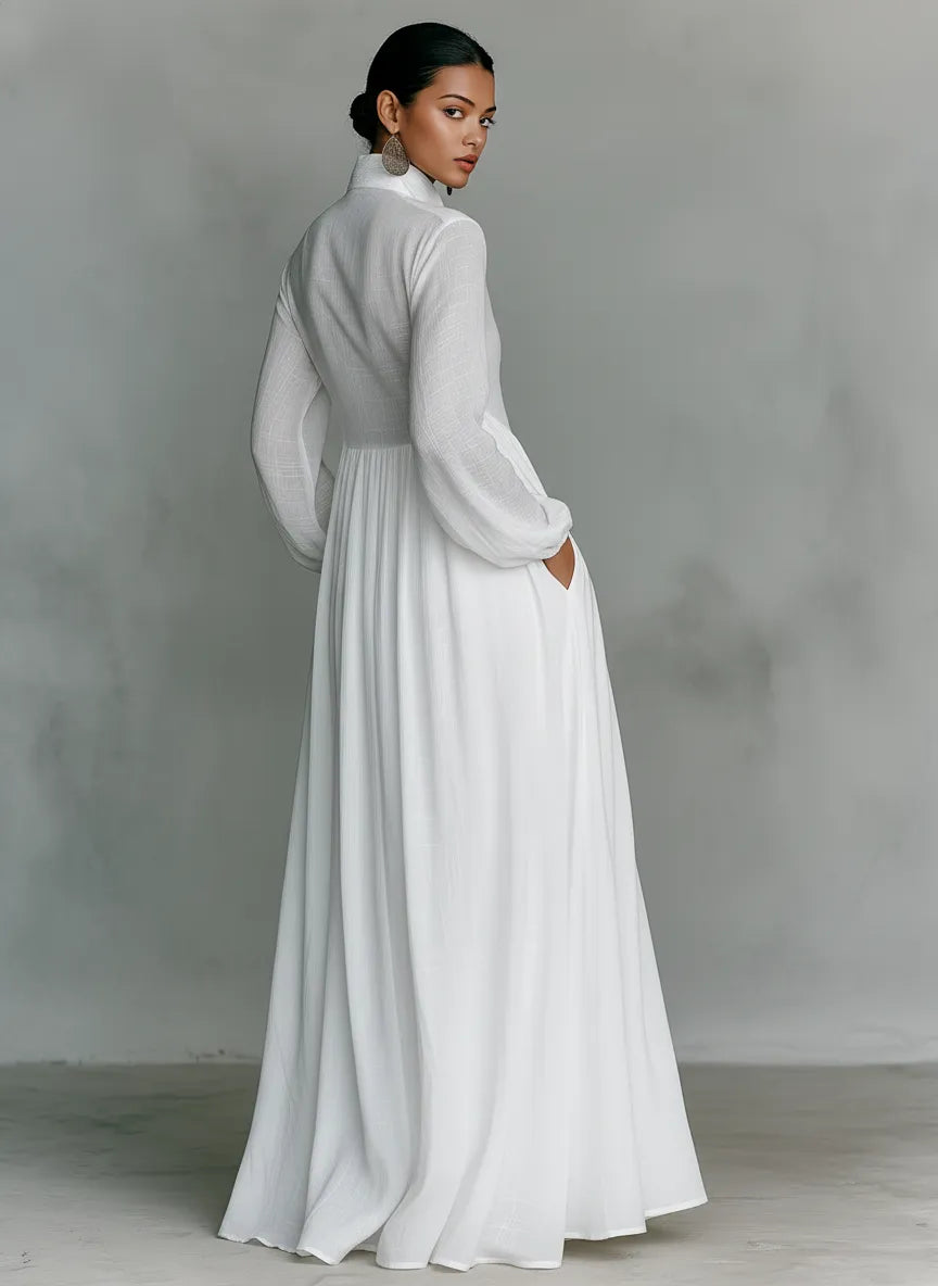 Women's Collared Flowy Maxi Wedding Guest Dress with Long Sleeve