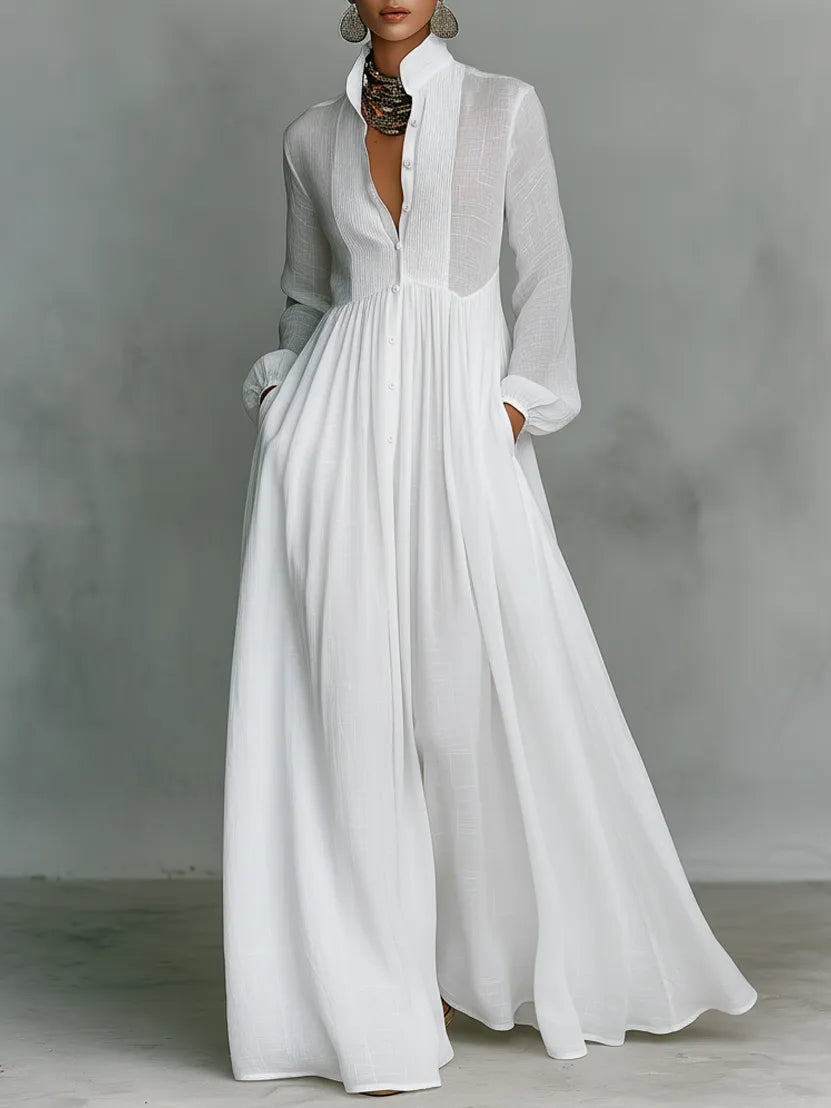 Women's Collared Flowy Maxi Wedding Guest Dress with Long Sleeve