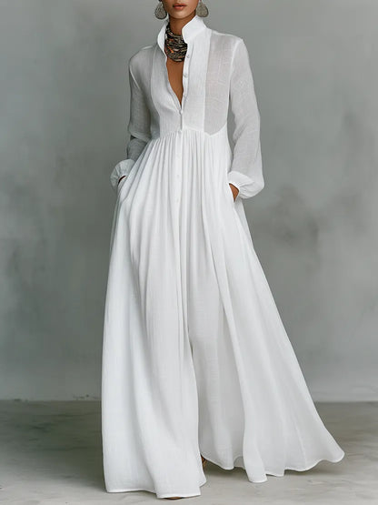 Women's Collared Flowy Maxi Wedding Guest Dress with Long Sleeve