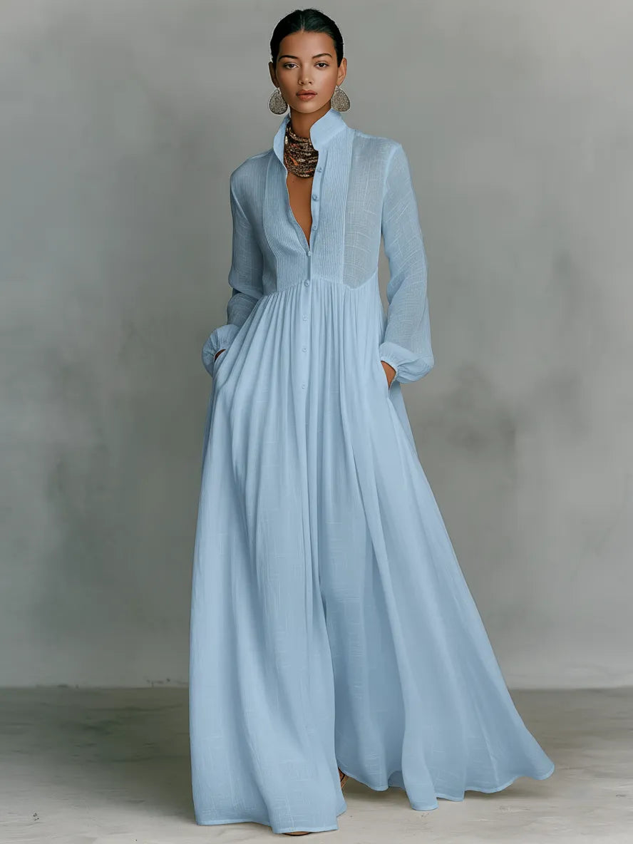 Women's Collared Flowy Maxi Wedding Guest Dress with Long Sleeve
