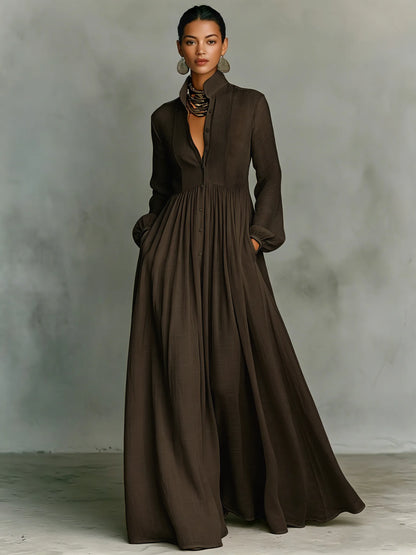 Women's Collared Flowy Maxi Wedding Guest Dress with Long Sleeve