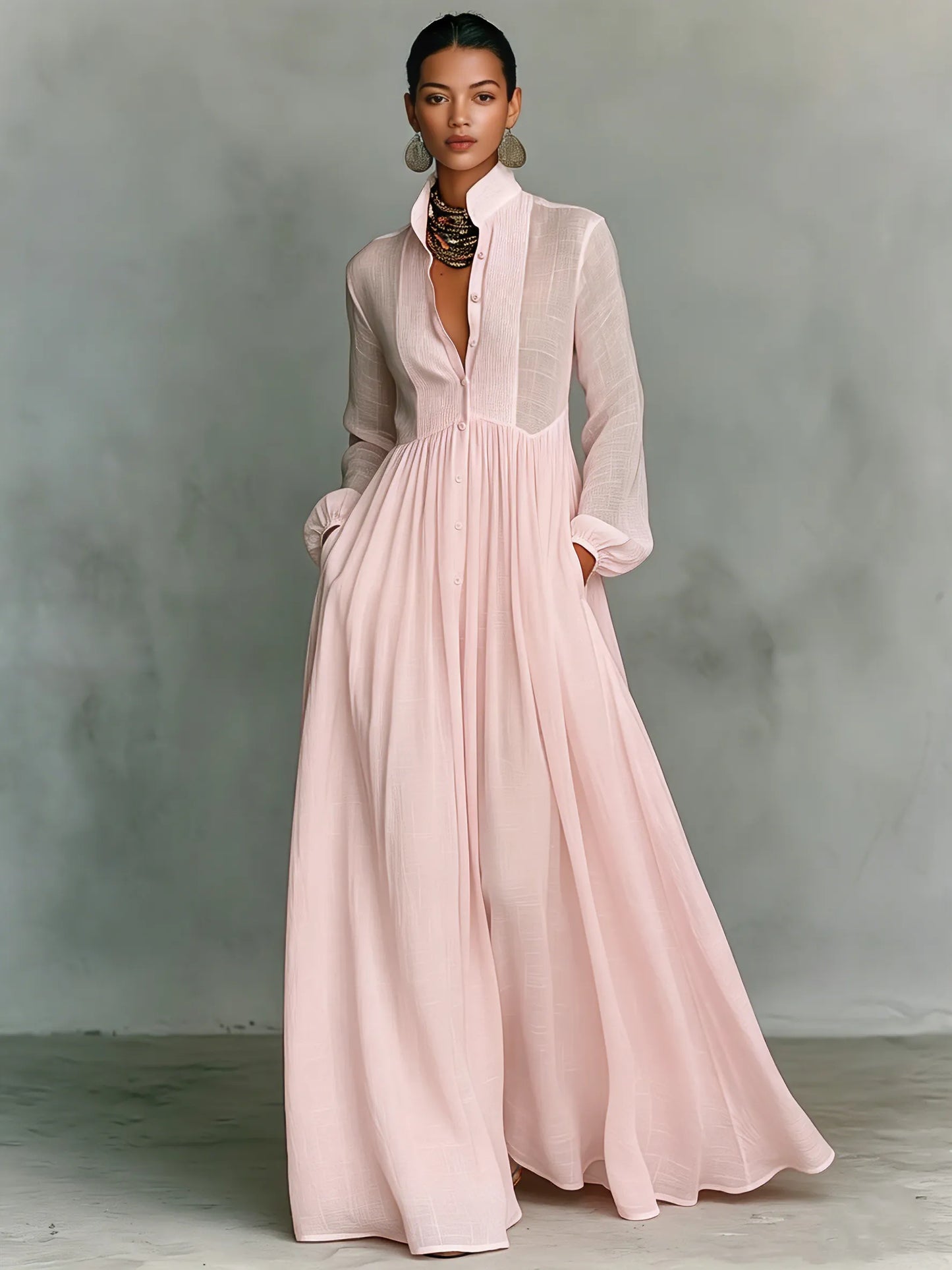 Women's Collared Flowy Maxi Wedding Guest Dress with Long Sleeve