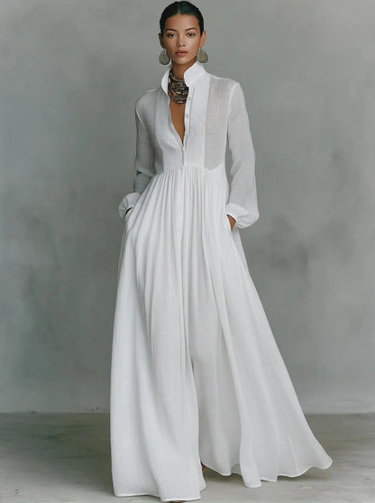 Women's Collared Flowy Maxi Wedding Guest Dress with Long Sleeve