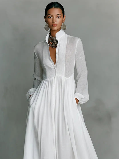 Women's Collared Flowy Maxi Wedding Guest Dress with Long Sleeve