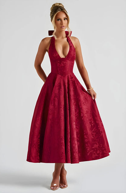 Women’s Elegant A-Line Midi Cocktail Dress with Halter Neck