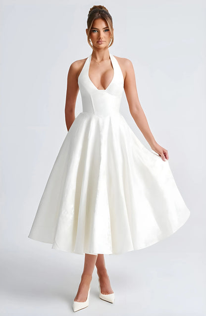 Women’s Elegant A-Line Midi Cocktail Dress with Halter Neck