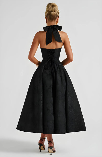 Women’s Elegant A-Line Midi Cocktail Dress with Halter Neck