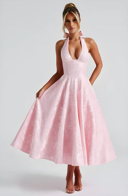 Women’s Elegant A-Line Midi Cocktail Dress with Halter Neck