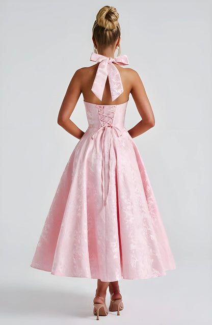 Women’s Elegant A-Line Midi Cocktail Dress with Halter Neck