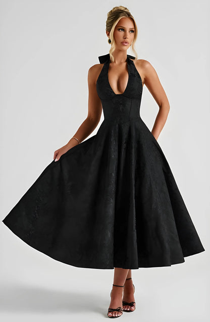 Women’s Elegant A-Line Midi Cocktail Dress with Halter Neck