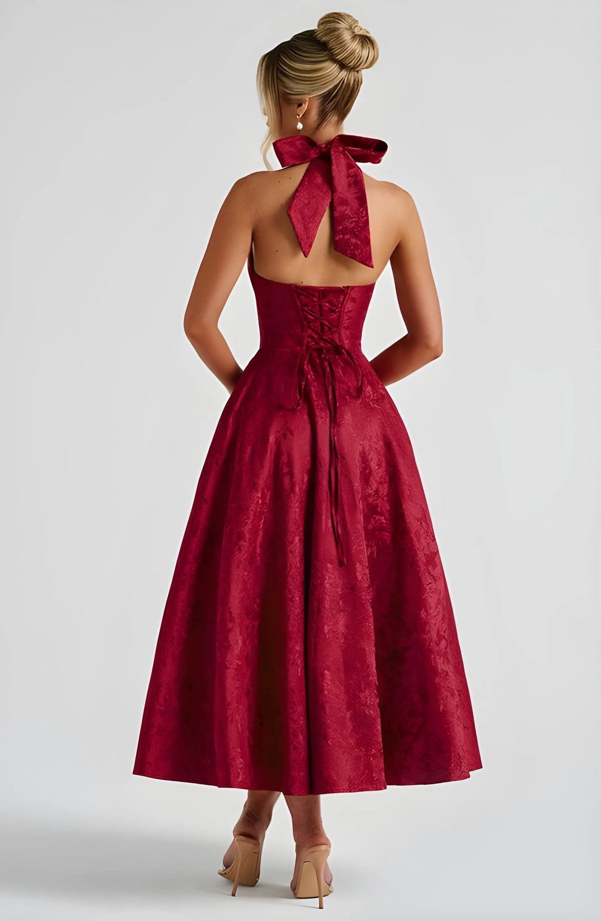 Women’s Elegant A-Line Midi Cocktail Dress with Halter Neck
