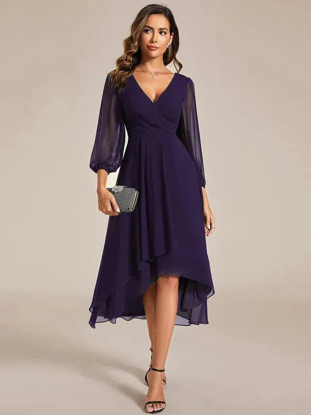 Women's Elegant A-Line Midi Wedding Guest Dress with Balloon Sleeve
