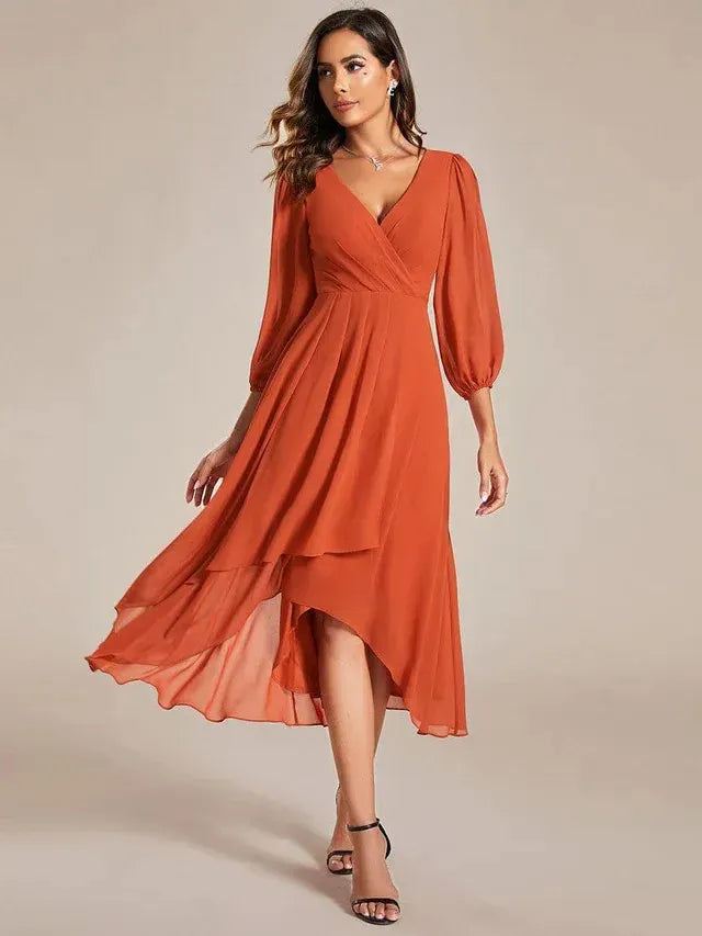 Women's Elegant A-Line Midi Wedding Guest Dress with Balloon Sleeve