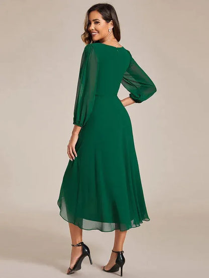 Women's Elegant A-Line Midi Wedding Guest Dress with Balloon Sleeve