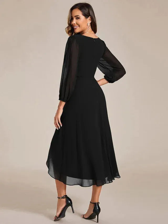 Women's Elegant A-Line Midi Wedding Guest Dress with Balloon Sleeve