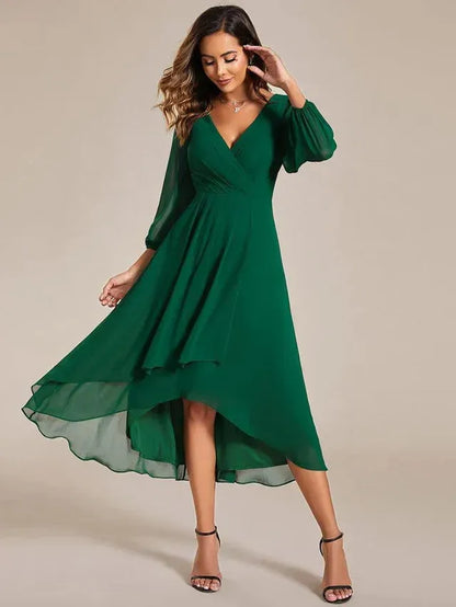 Women's Elegant A-Line Midi Wedding Guest Dress with Balloon Sleeve