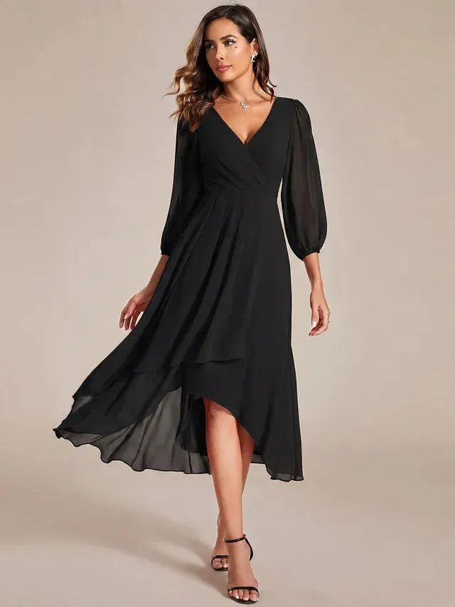 Women's Elegant A-Line Midi Wedding Guest Dress with Balloon Sleeve