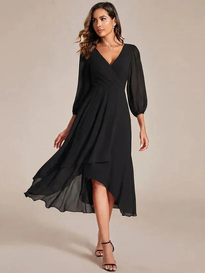 Women's Elegant A-Line Midi Wedding Guest Dress with Balloon Sleeve