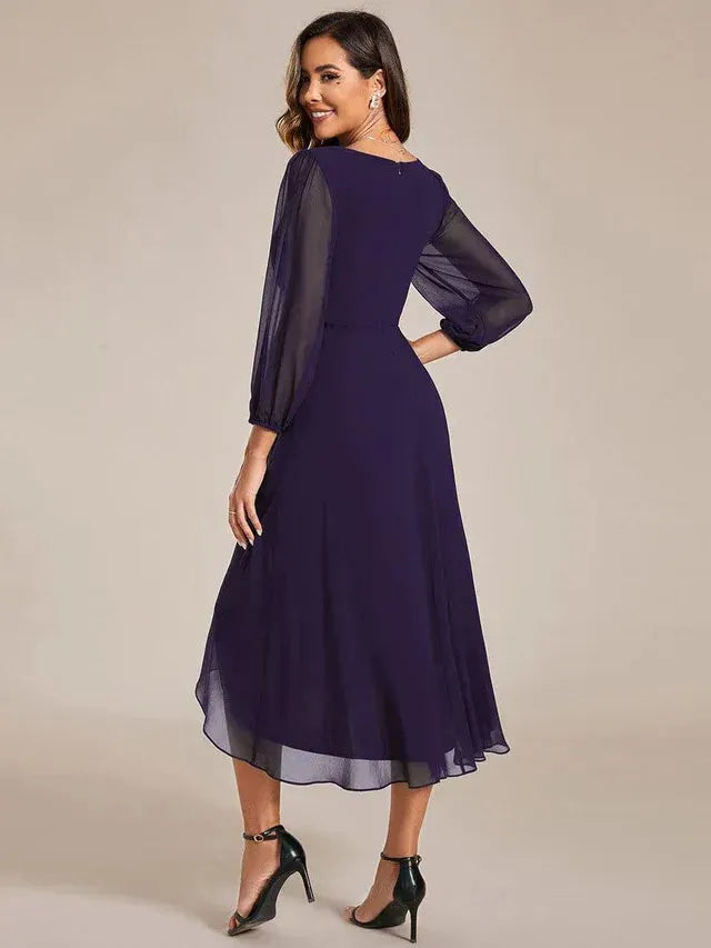 Women's Elegant A-Line Midi Wedding Guest Dress with Balloon Sleeve