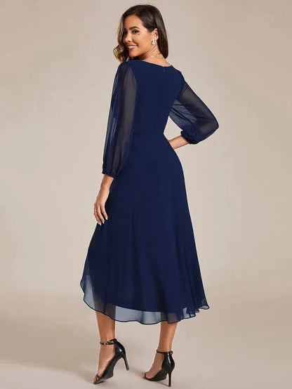 Women's Elegant A-Line Midi Wedding Guest Dress with Balloon Sleeve