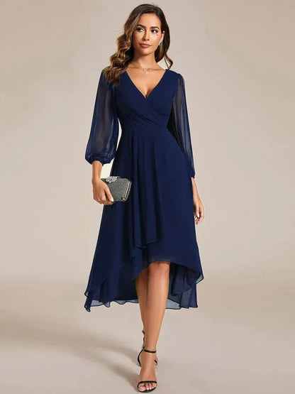 Women's Elegant A-Line Midi Wedding Guest Dress with Balloon Sleeve