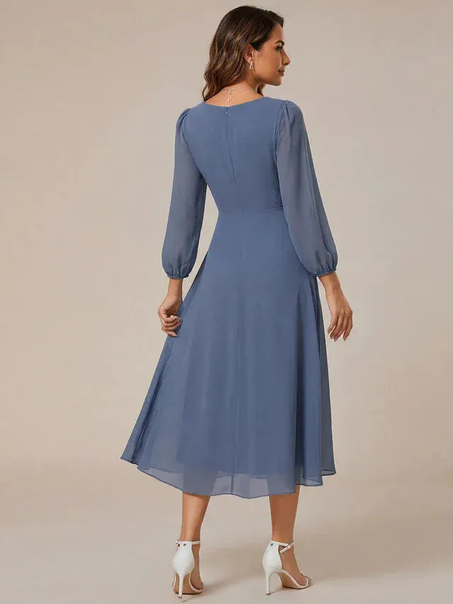 Women's Elegant A-Line Midi Wedding Guest Dress with Balloon Sleeve