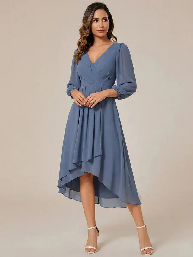 Women's Elegant A-Line Midi Wedding Guest Dress with Balloon Sleeve