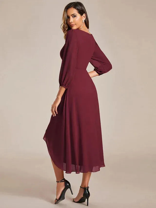 Women's Elegant A-Line Midi Wedding Guest Dress with Balloon Sleeve