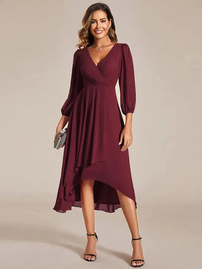 Women's Elegant A-Line Midi Wedding Guest Dress with Balloon Sleeve