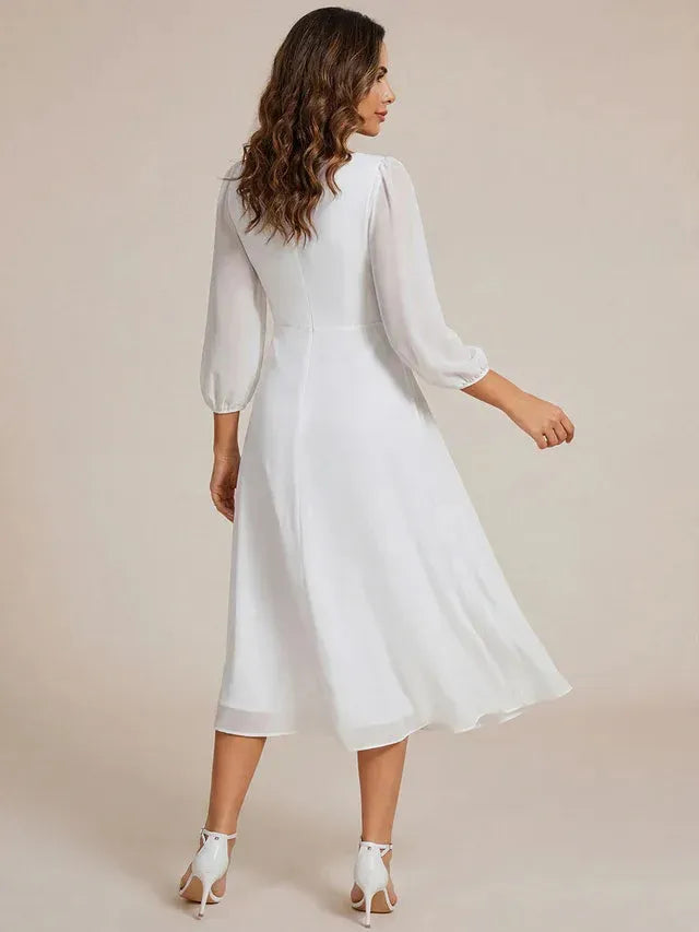 Women's Elegant A-Line Midi Wedding Guest Dress with Balloon Sleeve